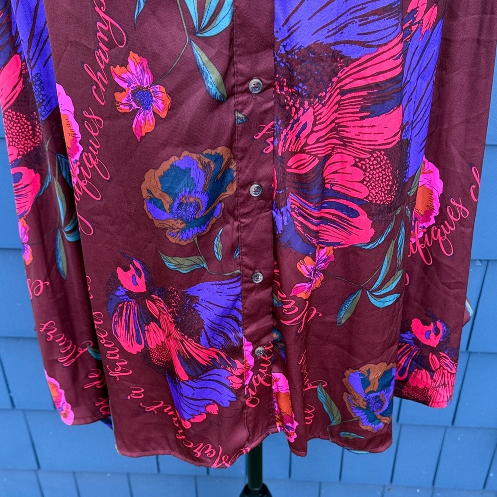 Free People Burgundy Floral Button-Down Shirt oversized - Picture 3 of 10